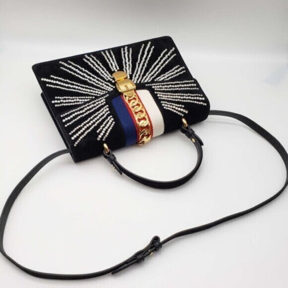 Gucci Sylvie Black Satin and Crystal Vintage Web Shoulder Bag 900-081323 - Picture 4 of 12